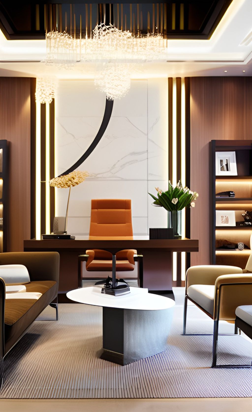 design interior office modern ( desain ruangan kantor modern ) warna putih coklat krem hitam flooring LVT karpet 