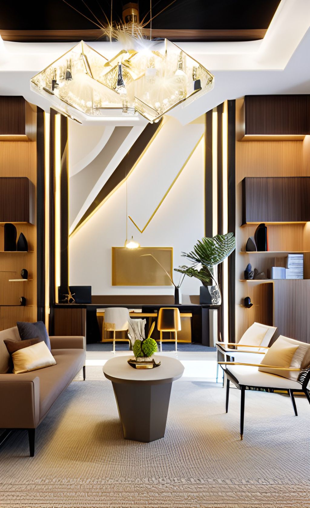 design interior office modern ( desain ruangan kantor modern ) warna putih coklat krem hitam flooring LVT karpet 