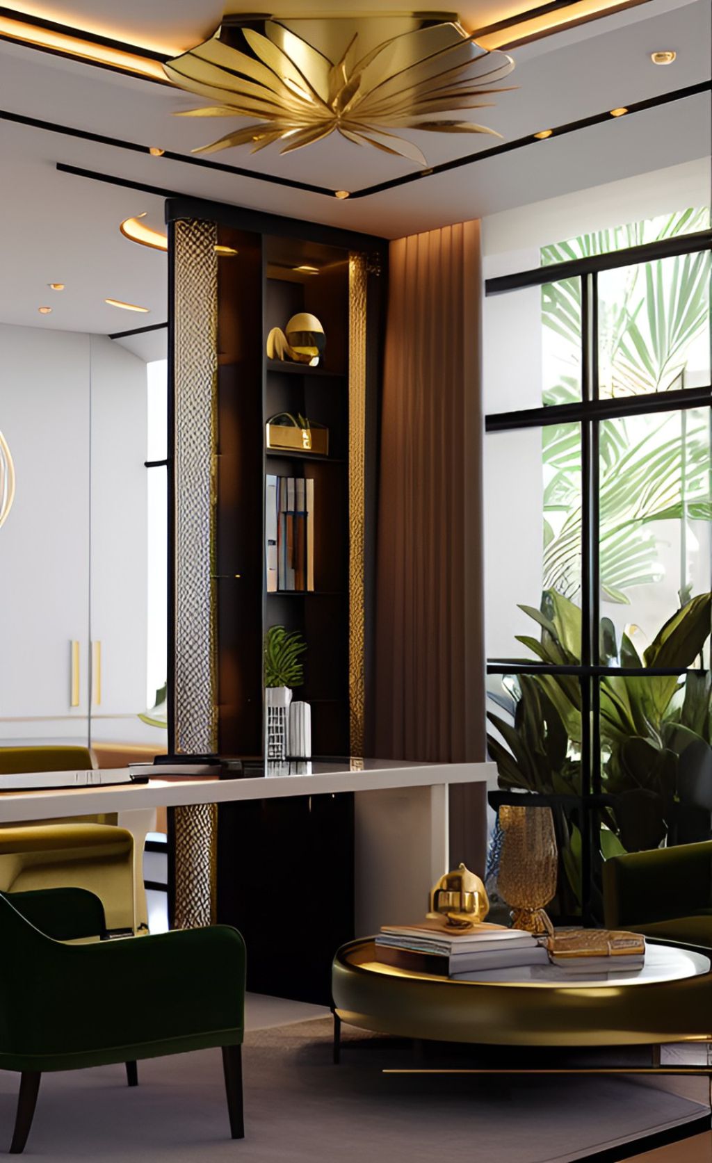 design interior office modern ( desain ruangan kantor modern ) warna putih hitam coklat aksen emas