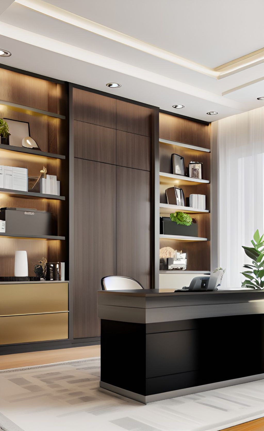 design interior office classic modern ( desain ruangan kantor klasik modern ) warna hitam putih gold tekstur kayu material HPL finishing duco