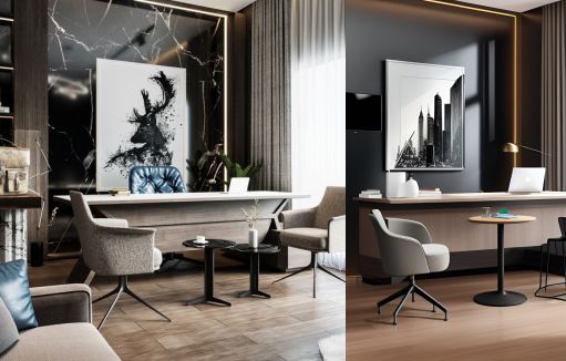 design interior office minimalis modern ( desain ruangan kantor modern ) warna putih hitam granite aksen emas