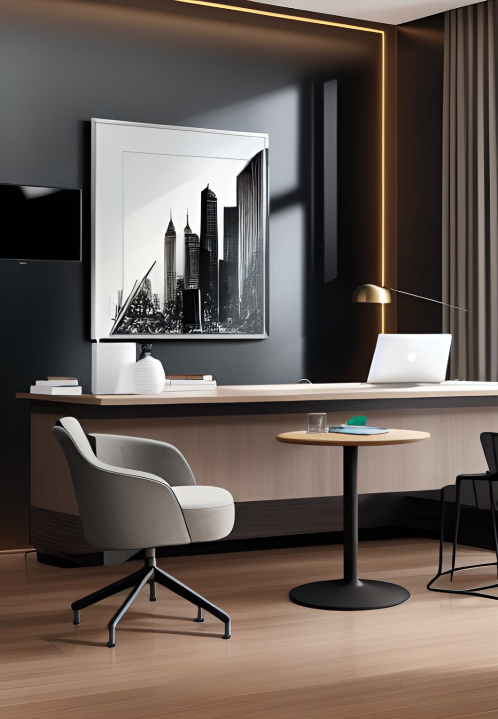 design interior office minimalis modern ( desain ruangan kantor modern ) warna putih hitam granite aksen emas