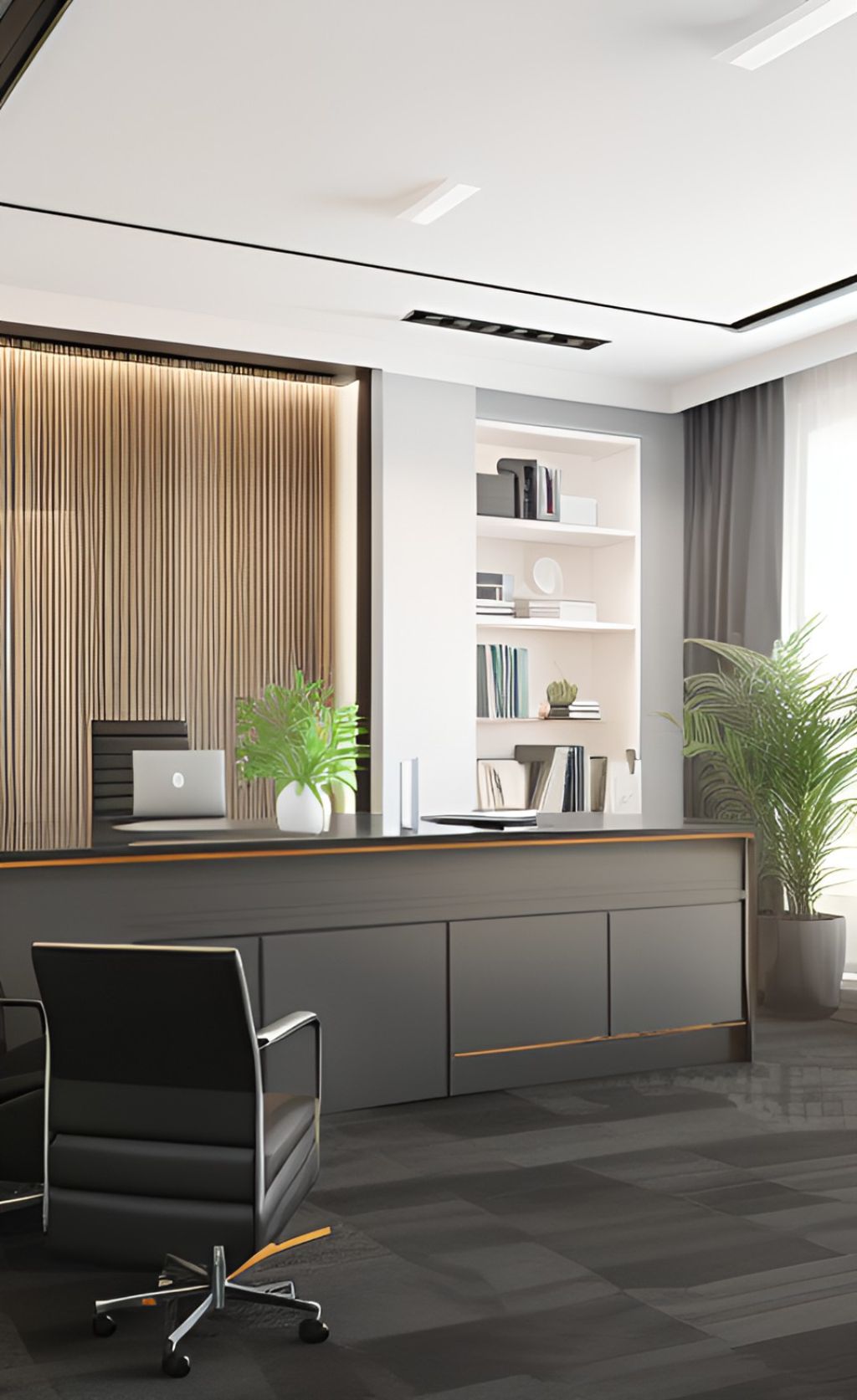 design interior office minimalis modern ( desain ruangan kantor minimalis modern ) warna putih abu-abu aksen gold