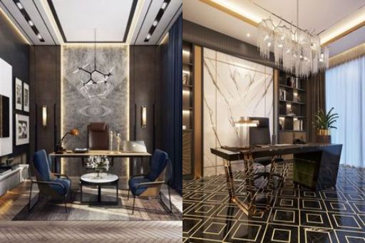 contoh desain kantor ( design office ) minimalis modern warna hitam putih finishing duco material hpl