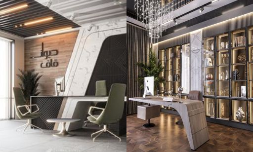 contoh desain ruangan kantor ( design office interior ) modern mewah warna coklat hitam krem putih material hpl kayu lighting warm