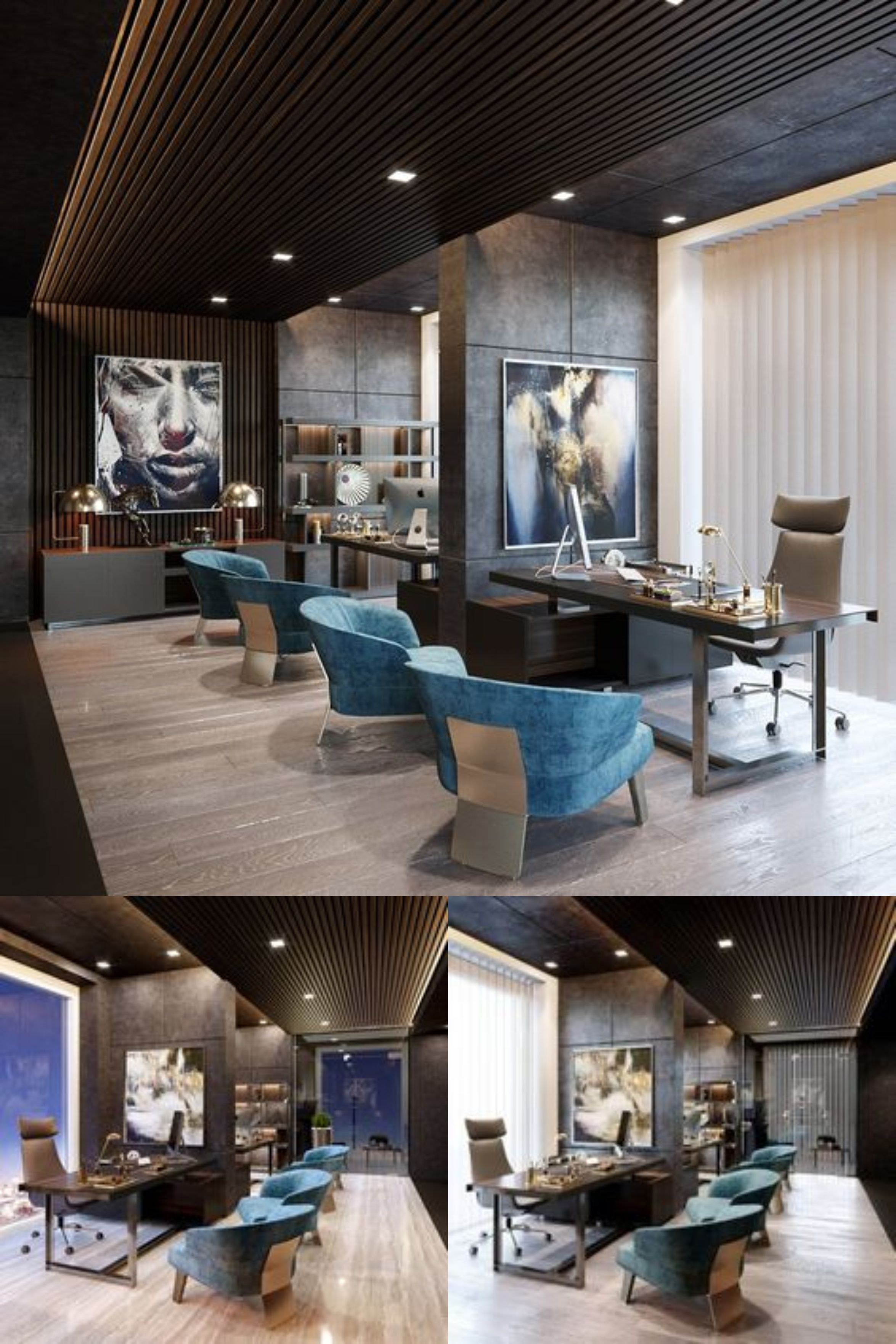 contoh desain ruangan kantor ( design office interior ) modern mewah warna coklat hitam elegant putih material hpl kayu lighting warm