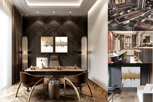 contoh design interior office ( desain ruangan kantor ) modern warna hitam putih flooring LVT material HPL finishing duco