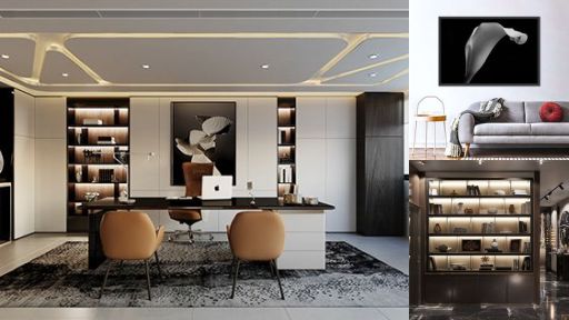 design interior office ( desain ruangan kantor ) minimalis modern warna putih kombinasi hitam material hpl kayu finishing duco flooring karpet lighting warm