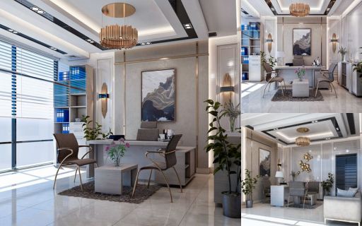 design interior office ( desain ruang kantor ) minimalis modern warna putih biru aksen gold 