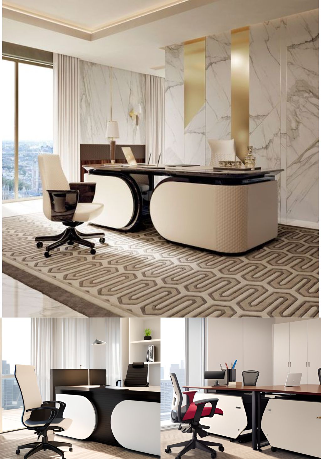 design interior office minimalis modern ( desain ruangan kantor minimalis modern ) warna putih gold hitam abu-abu flooring LVT Karpet meja unik