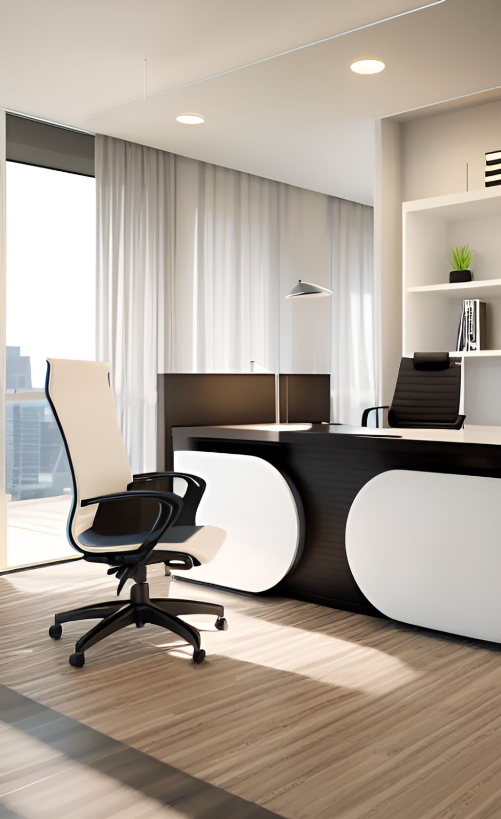 design interior office minimalis modern ( desain ruangan kantor minimalis modern ) warna putih gold hitam abu-abu flooring LVT Karpet meja unik