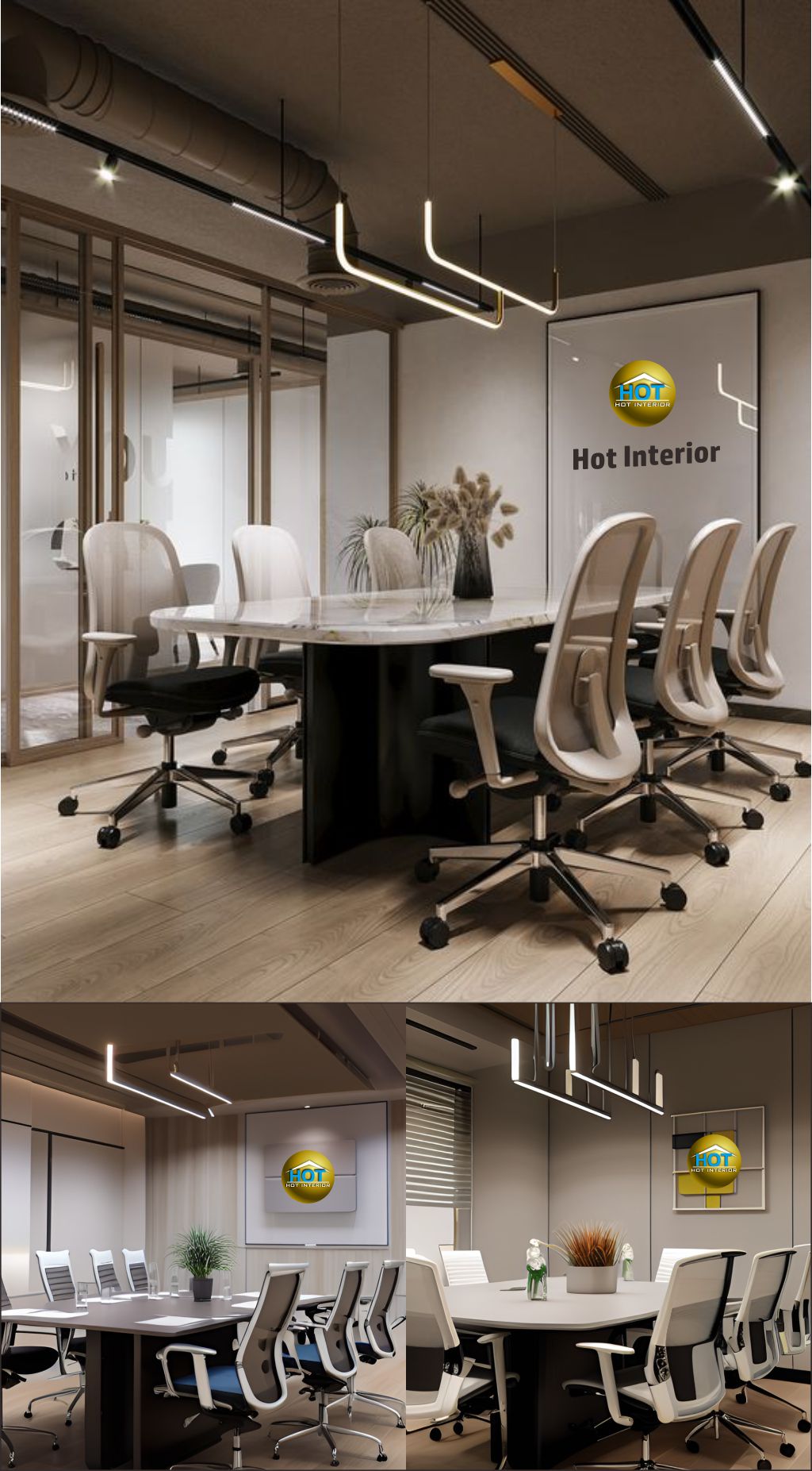 design interior office meeting room Industrial Modern ( desain ruangan kantor industrial modern ) 6 kursi dinding putih 