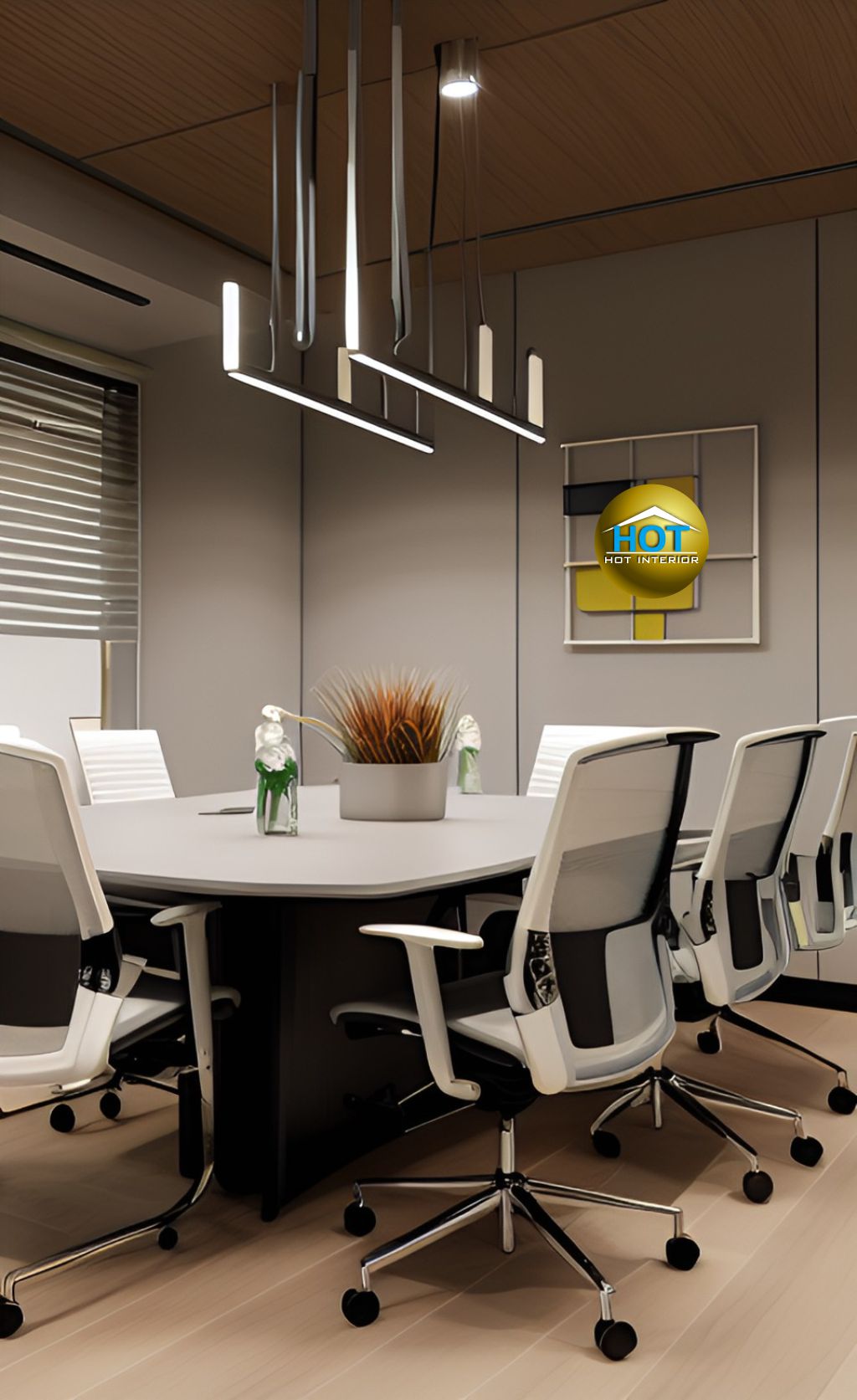 design interior office meeting room Industrial Modern ( desain ruangan kantor industrial modern ) 6 kursi dinding putih 
