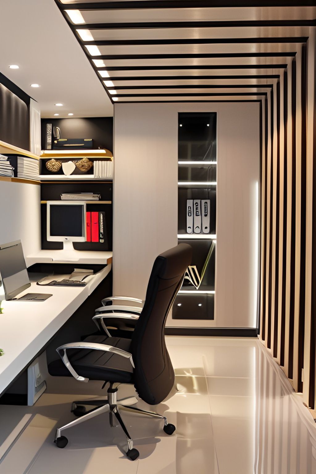 design interior office minimalist modern ( desain ruangan kantor minimalis modern ) warna dinding putih wallpanel hitam kursi hitam lantai mengkilat marmer