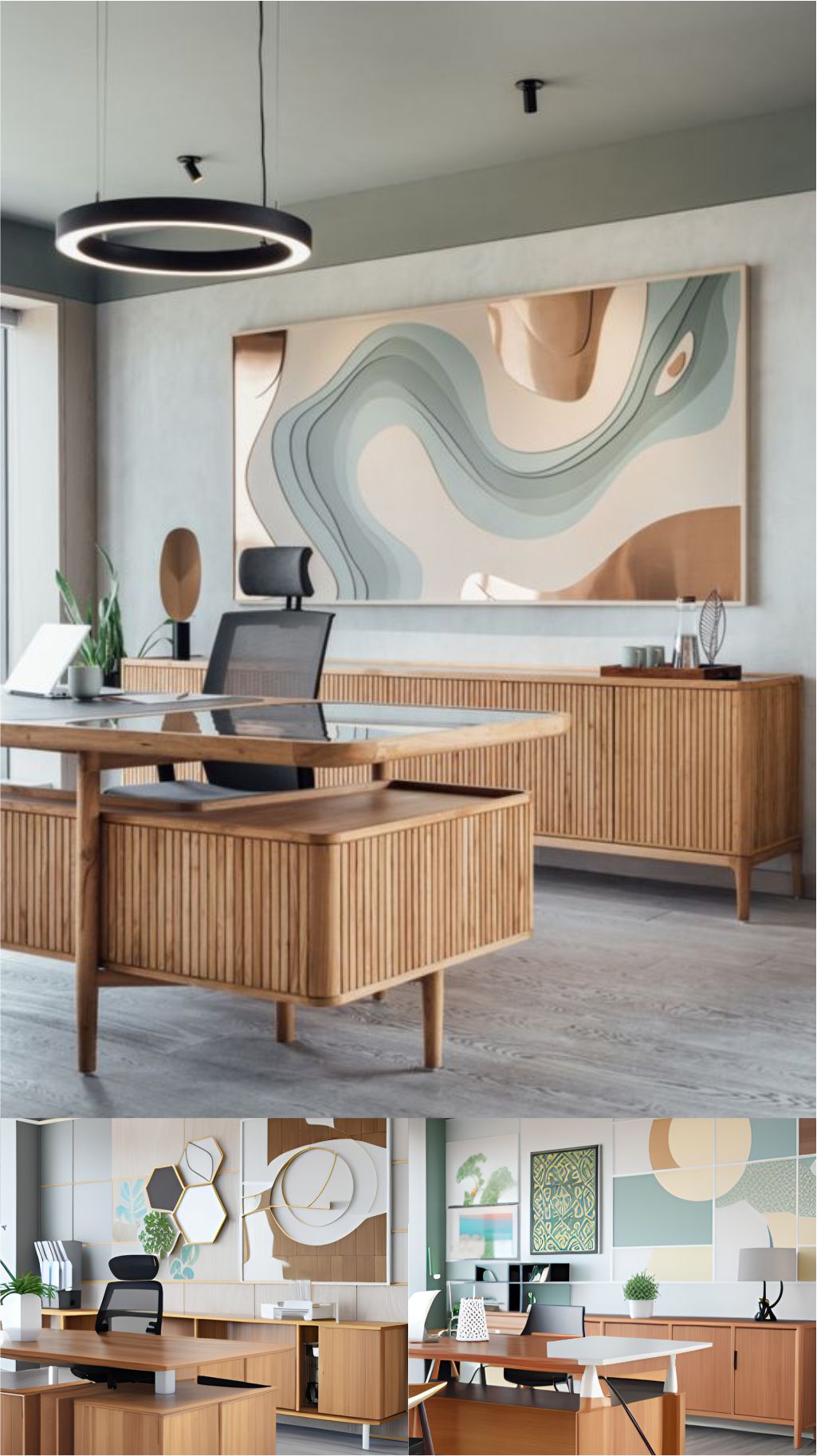 design interior office minimalist ( desain ruangan kantor minialis ) office with a wooden table created from tiled wood, top table material is glass, a black boss chair, a wooden cabinet created from tiled wood, a white wall with a painting, a green foliage over the cabinet, a white laptop and a white ceramic cup, circular decorative lamp hanging at the ceiling