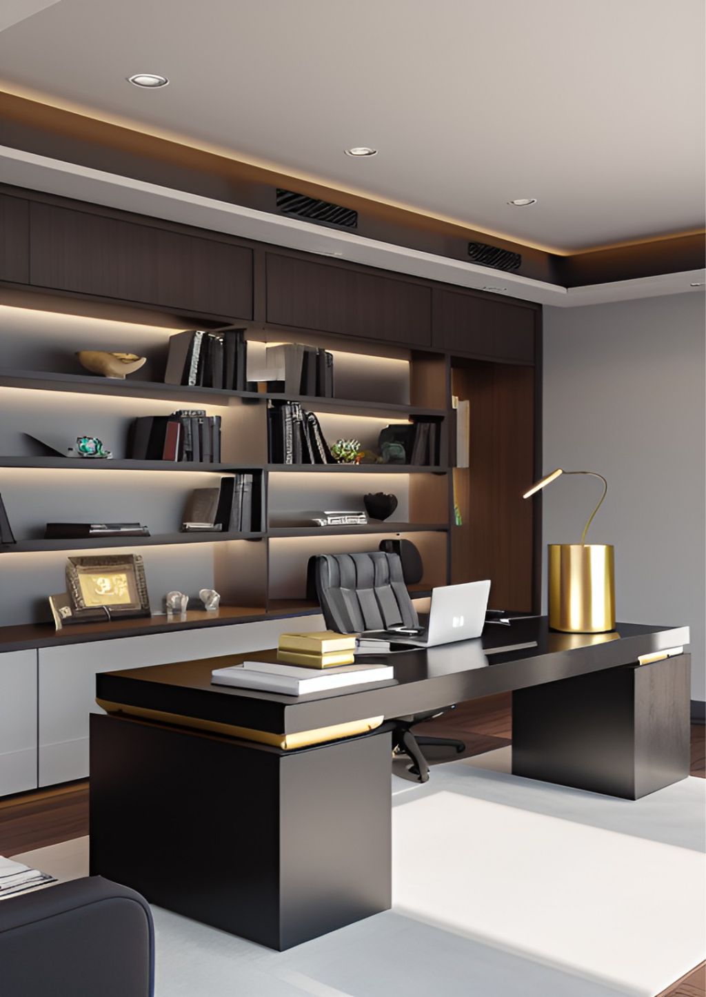 gambar photo desain ruangan kantor minimalis modern ( design interior office modern minimalis ) meja hitam , rak hitam, material bahan HPL