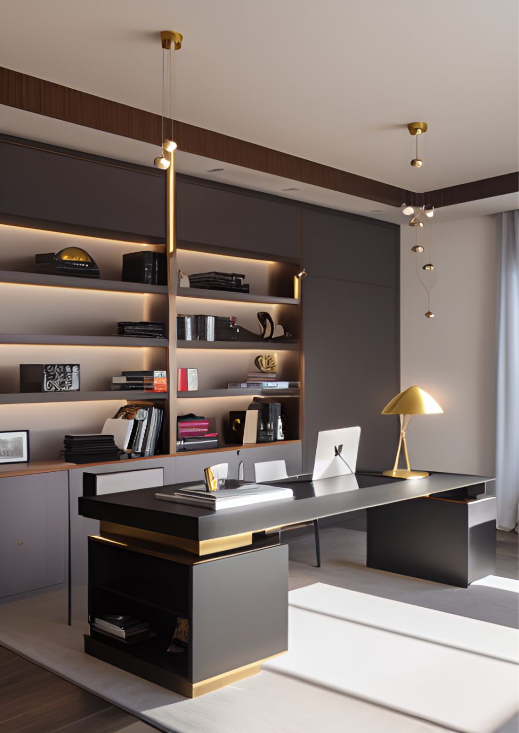 gambar photo desain ruangan kantor minimalis modern ( design interior office modern minimalis ) meja hitam , rak hitam, material bahan HPL