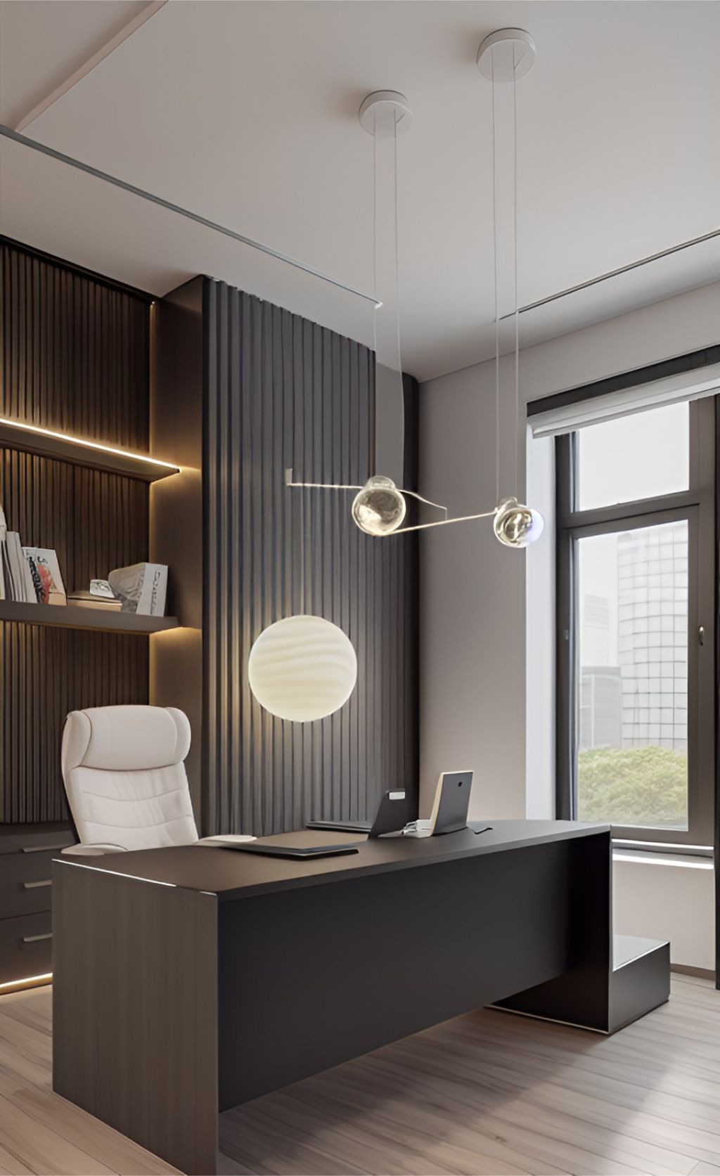 contoh photo desain ruangan kantor minimalis ( design interior office minimalist) meja hitam, wallpanel hitam, rak, material hpl