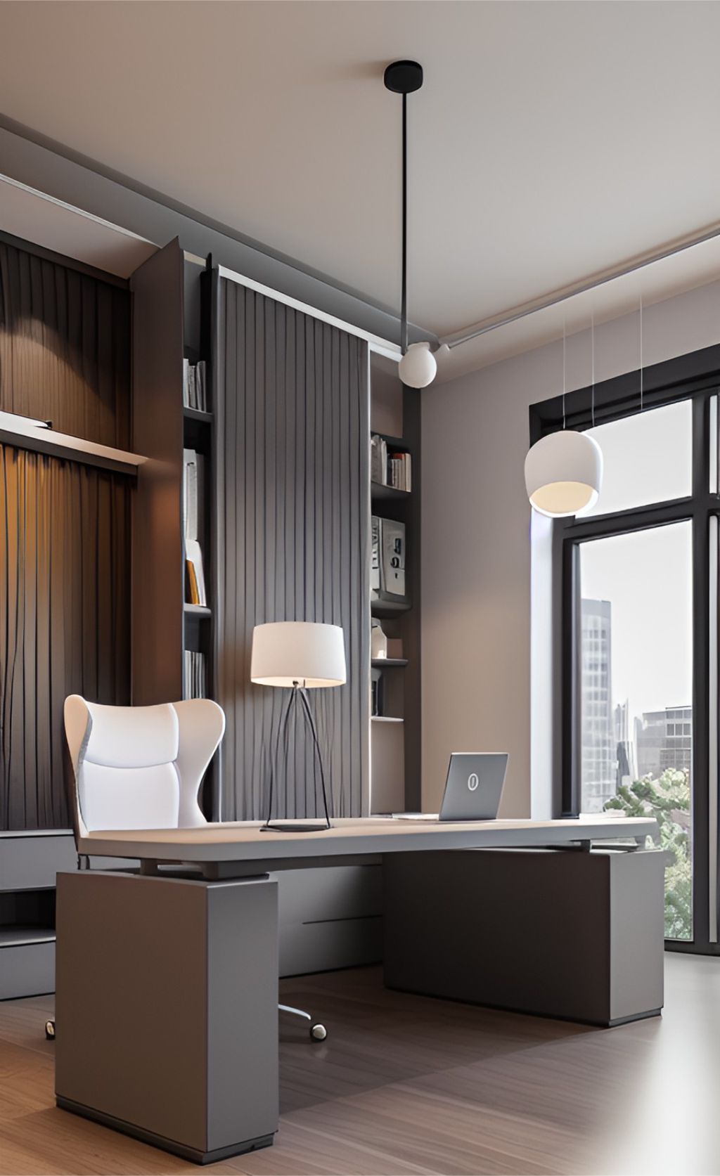contoh photo desain ruangan kantor minimalis ( design interior office minimalist) meja hitam, wallpanel hitam, rak, material hpl