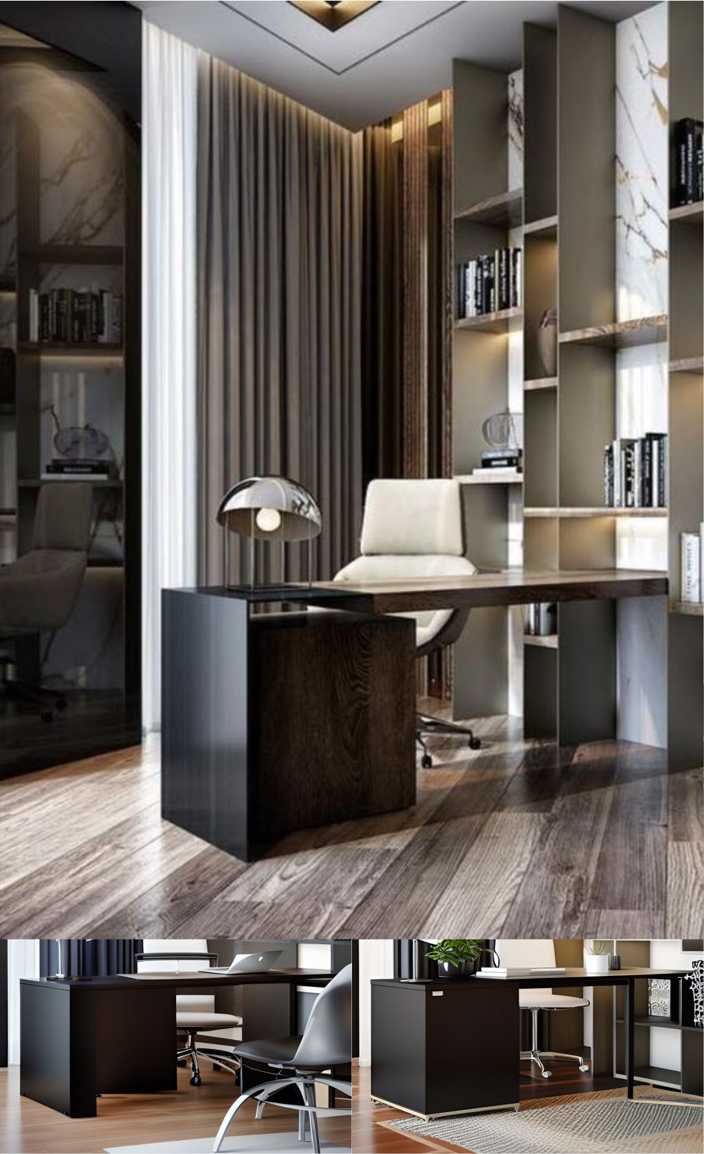 contoh gambar photo desain ruangan kantor minimalis modern ( design interior office modern minimalist ) meja hitam, rak hitam bahan HPL