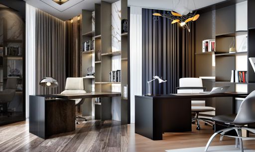 contoh gambar photo desain ruangan kantor minimalis modern ( design interior office modern minimalist ) meja hitam, rak hitam bahan HPL