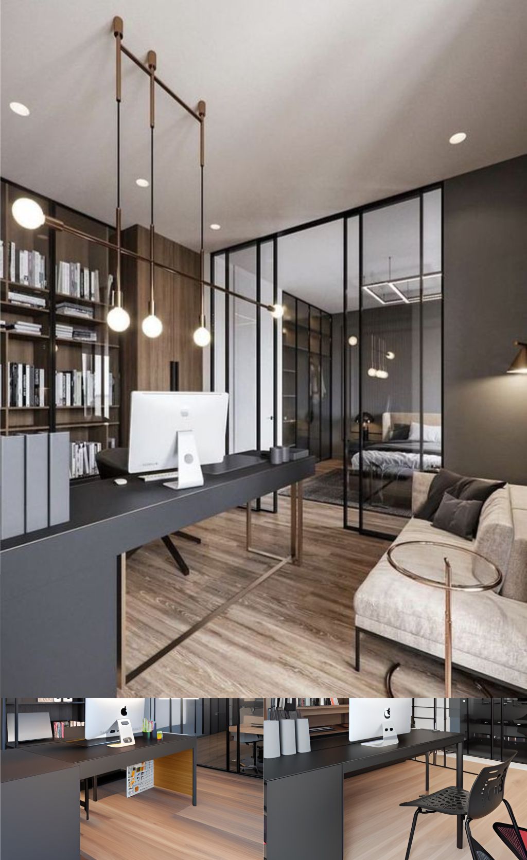 contoh gambar photo desain ruangan kantor minimalis modern ( design interior modern minimalist ), meja hitam, rak hitam, flooring LVT