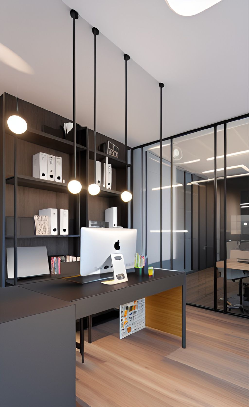 contoh gambar photo desain ruangan kantor minimalis modern ( design interior modern minimalist ), meja hitam, rak hitam, flooring LVT