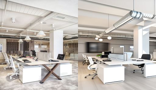 contoh gambar desain ruangan kantor industrial ( design interior office industrial ) office industrial style with a white pillar, table with seperator and X legs shape, some white chair with black part on the back rest, 2 boxes with a drawer each,  3 white hanging lamps, pipes decorating the ceiling