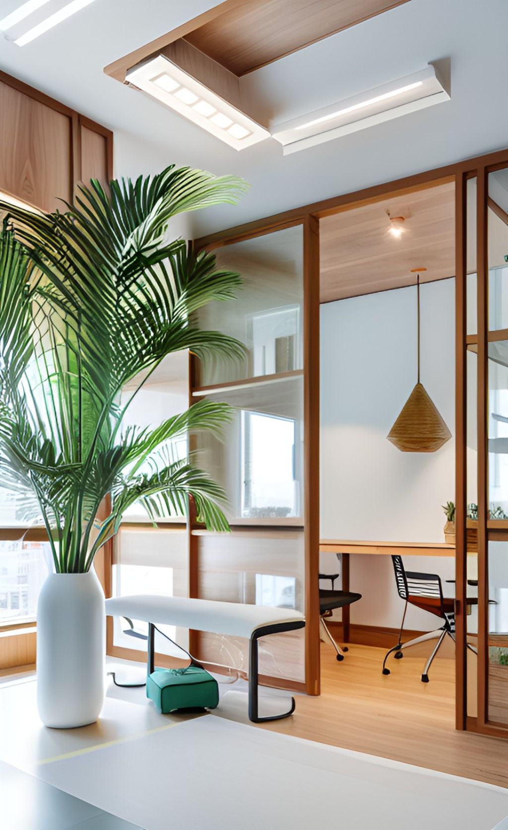 contoh gambar photo desain ruangan kantor minimalis ( design interior office minimalis ) office with a small room encased with glass separator framed with wood, a bench with foam, a vase with palm grow from within, wood chairs inside the room with a mattress on it, a table with ornament, a white decorative lamp on the corner, long hanging lamp