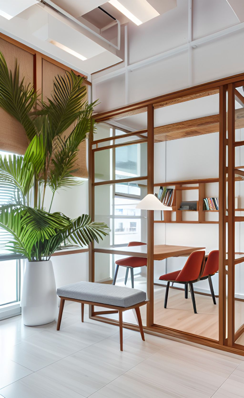 contoh gambar photo desain ruangan kantor minimalis ( design interior office minimalis ) office with a small room encased with glass separator framed with wood, a bench with foam, a vase with palm grow from within, wood chairs inside the room with a mattress on it, a table with ornament, a white decorative lamp on the corner, long hanging lamp