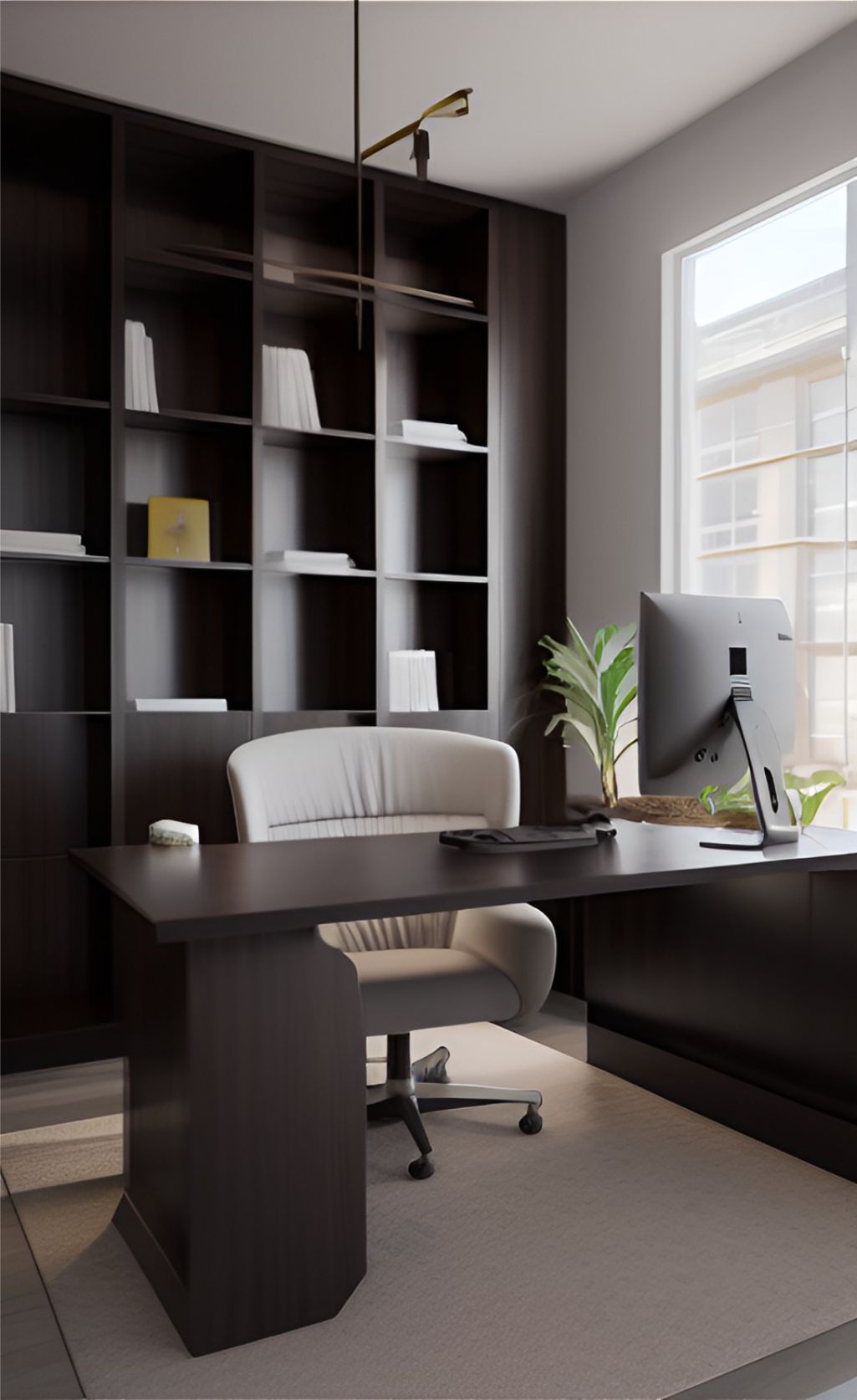 desain ruangan kantor minimalis modern ( design interior minimalist modern ) wallpanel hitam meja hitam sofa putih 