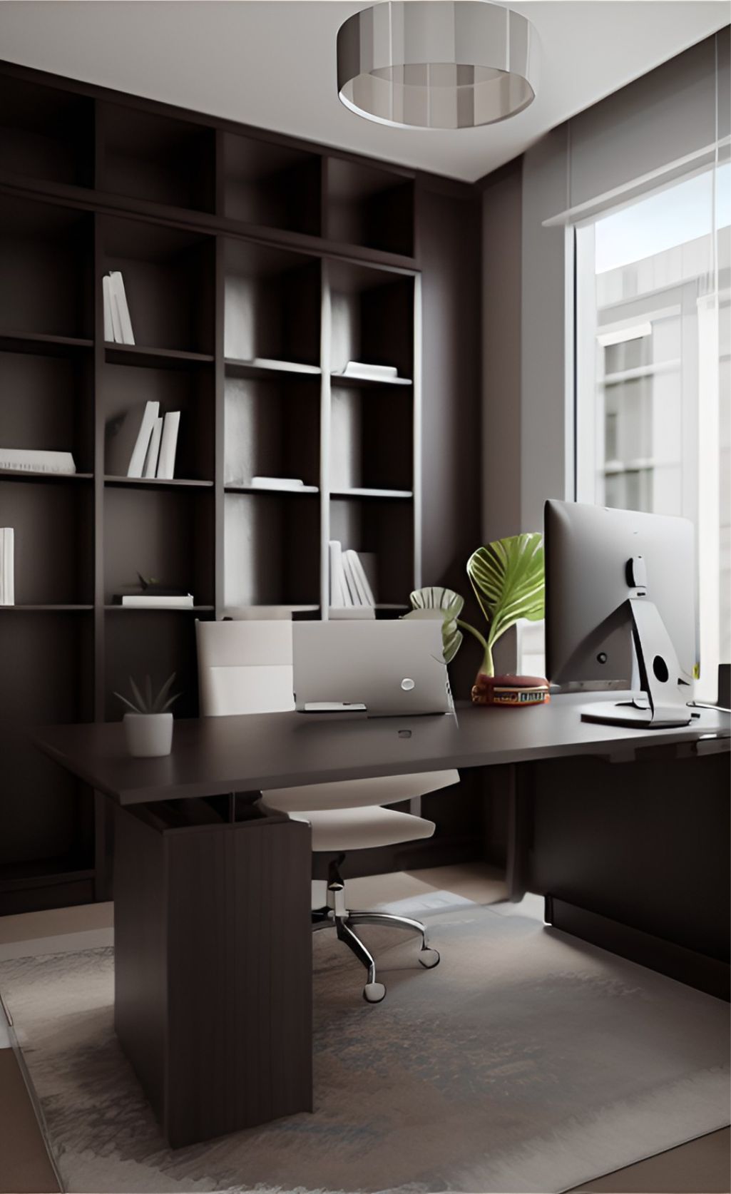 desain ruangan kantor minimalis modern ( design interior minimalist modern ) wallpanel hitam meja hitam sofa putih 