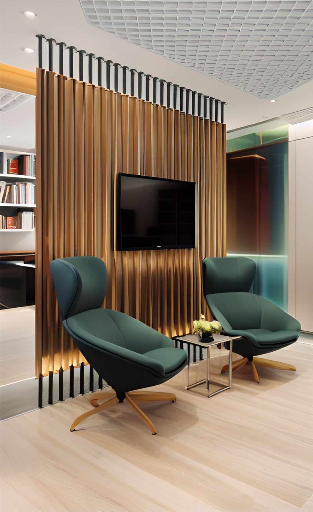 desain ruangan kantor minimalis modern ( design office interior modern minimalist ) material HPL finishing Duco, Flooring LVT