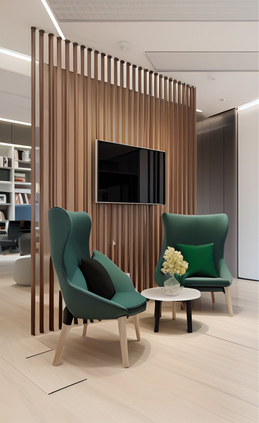 desain ruangan kantor minimalis modern ( design office interior modern minimalist ) material HPL finishing Duco, Flooring LVT