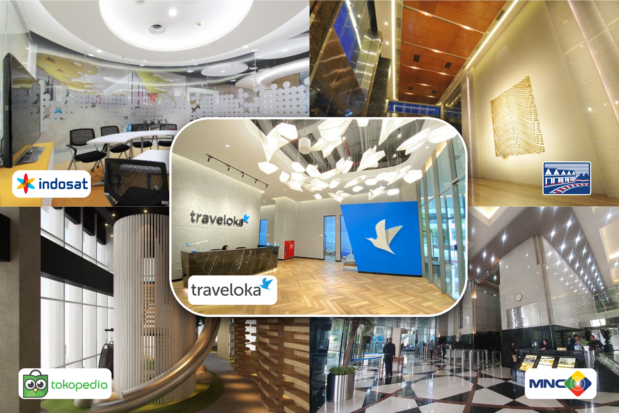 Kantor terkenal yang menggunakan design interior minimalis modern di jakarta, indosat, traveloka, gudang garam, tokopedia, mnc