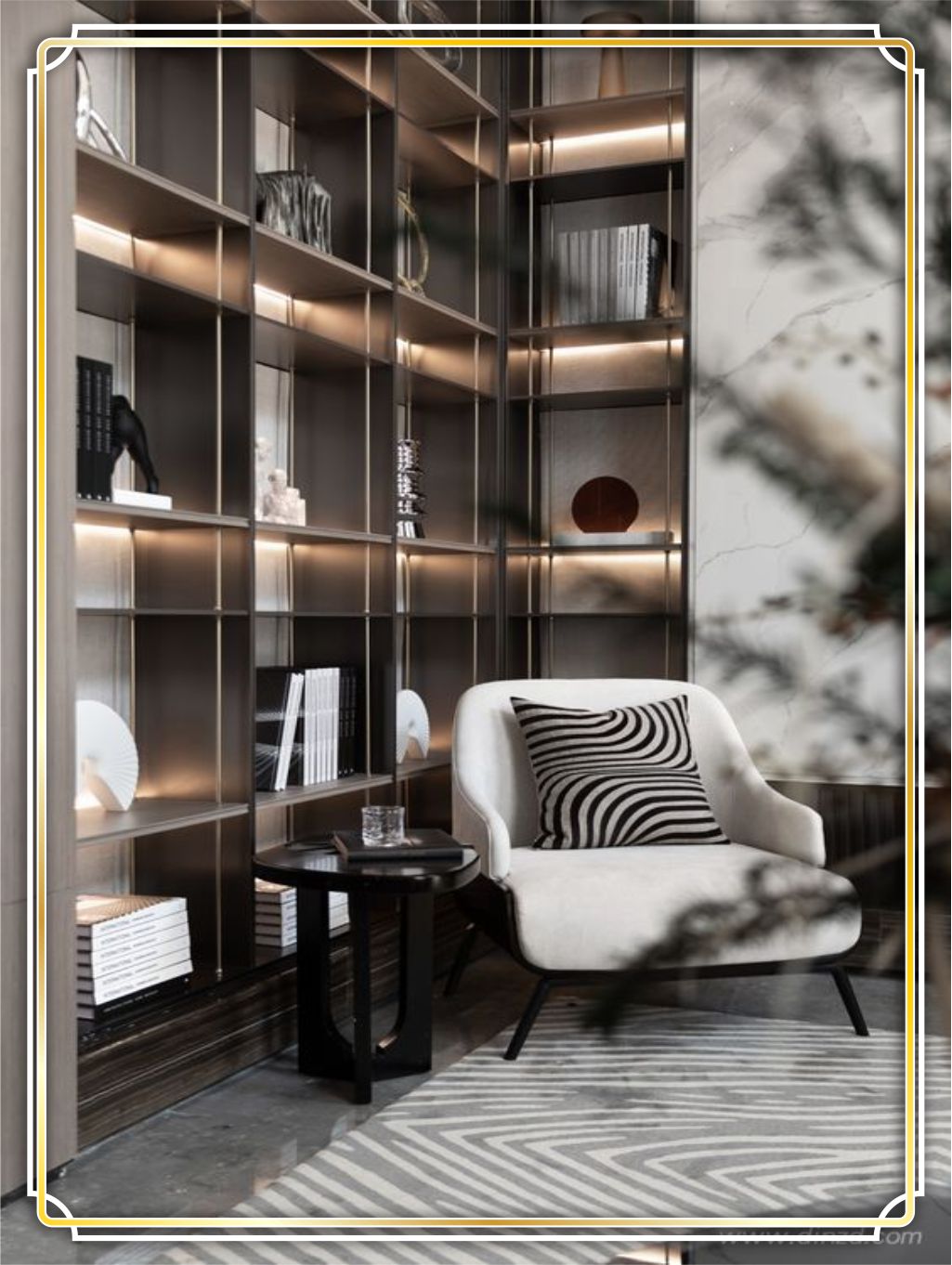 design interior office modern minimalis mewah warna hitam finishing duco mengkilat lighting warma