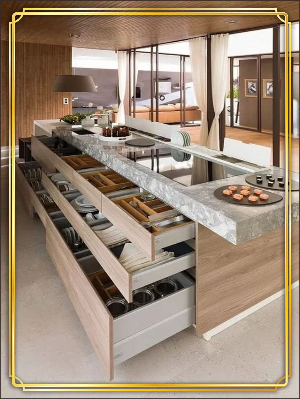 design interior kitchen dapur modern minimalis - Jakarta barat design interior kitchen dapur modern minimalis bahan HPL motif kayu warna warm earthy tones solid surface granit