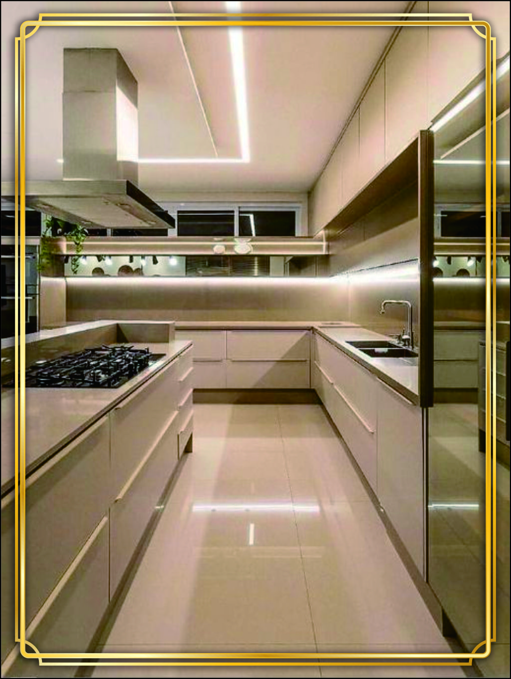 design interior kitchen dapur modern minimalis design interior kitchen dapur modern minimalis material HPL finishing Duco warna Putih sleek lighting warm