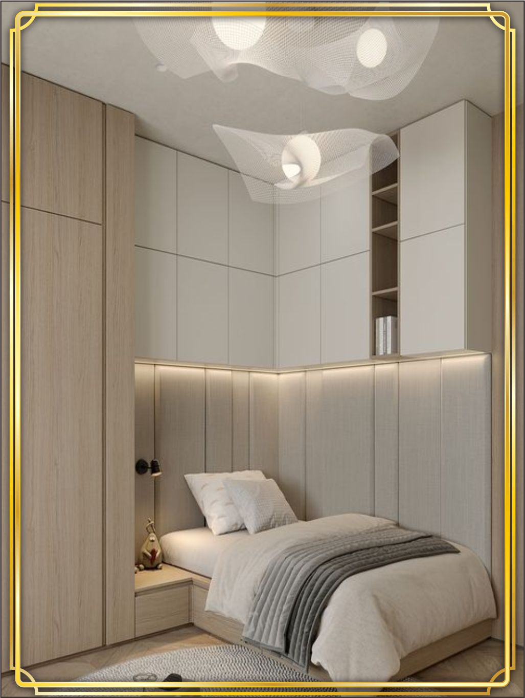 contoh design interior kamar ( bedroom ) terbaik warna putih krem silver bahan HPL finishing Duco