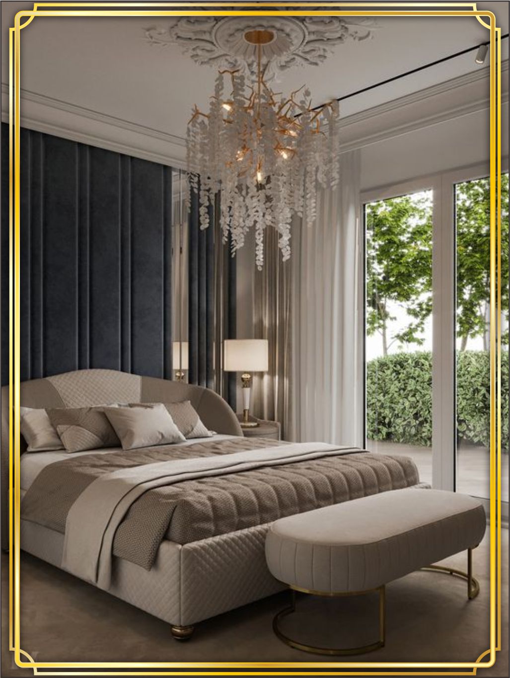 contoh design interior kamar ( bedroom ) terbaik warna putih krem silver bahan HPL finishing Duco