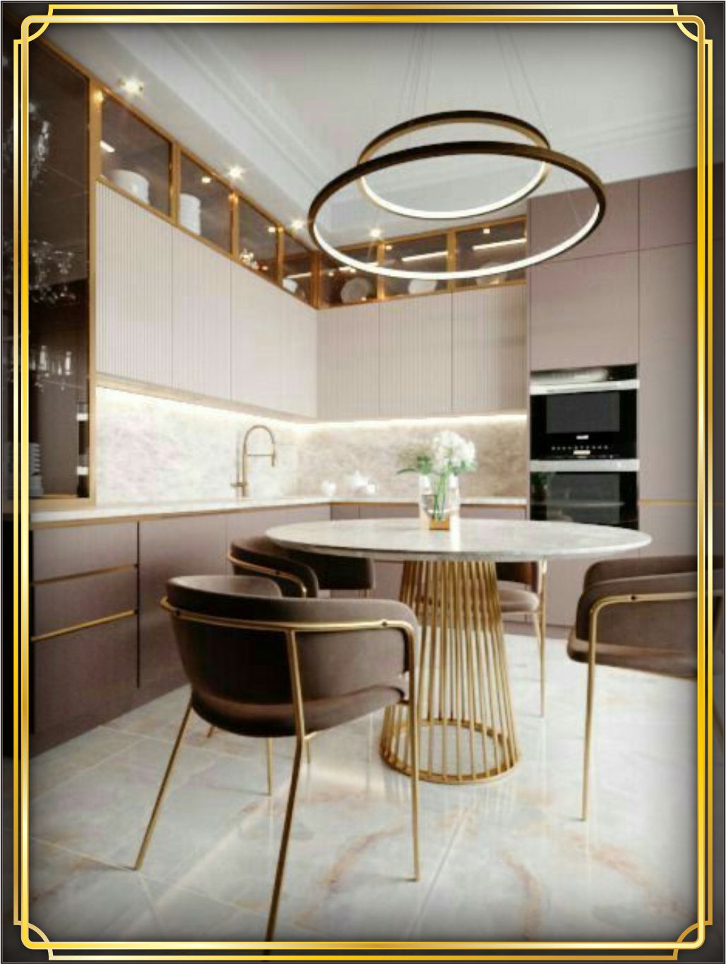 contoh design interior kitchen ( dapur - kitchenset ) modern minimalis warna putih hitam hpl finishing duco aksen gold - jakarta selatan