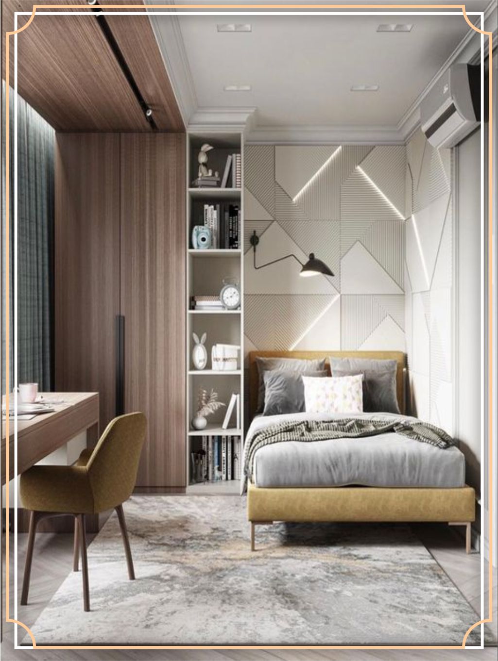 design interior kamar tidur ( bedroom ) modern minimalis abu-abu silver putih hitam lighting warm