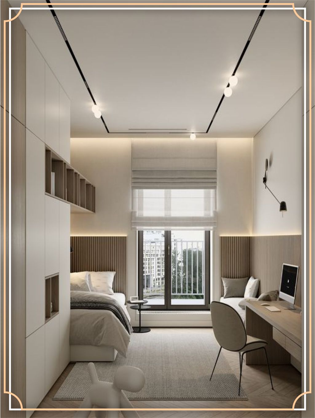 design interior kamar tidur ( bedroom ) modern minimalis abu-abu silver putih hitam lighting warm