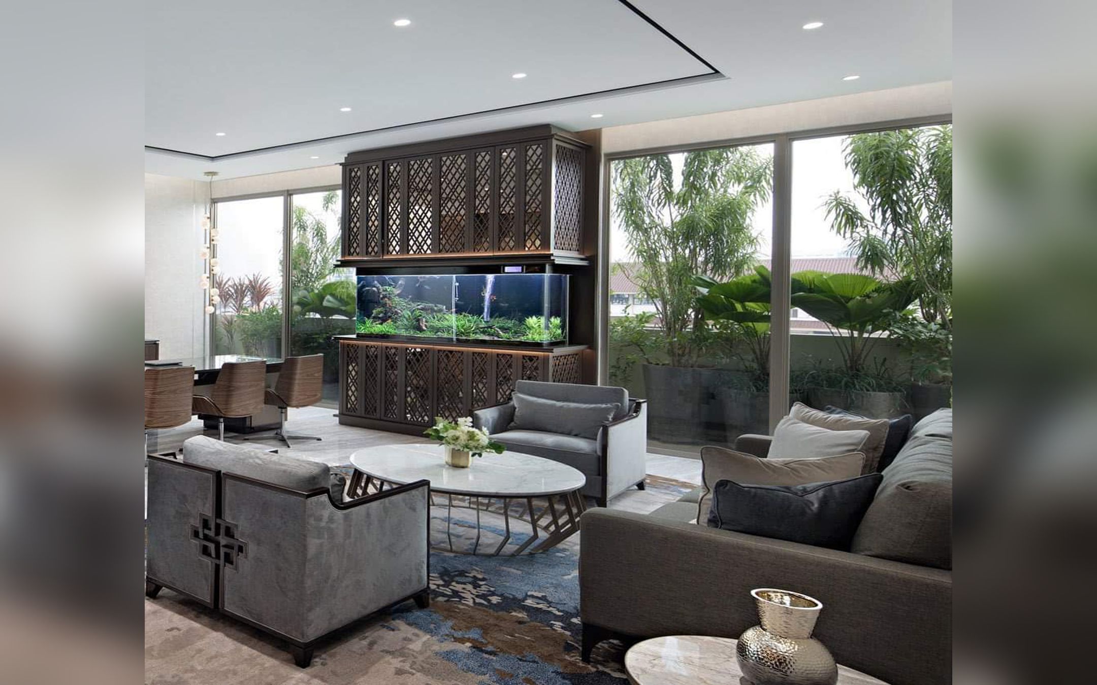 Design Interior Modern Livingroom mewah luxury residence di BSD City Serpong - Tangerang - Banten sofa custom meja bundar solid surface cabinet HPL kayu